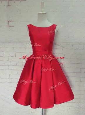 Red Satin Backless Prom Dresses Sleeveless Knee Length Ruching and Bowknot