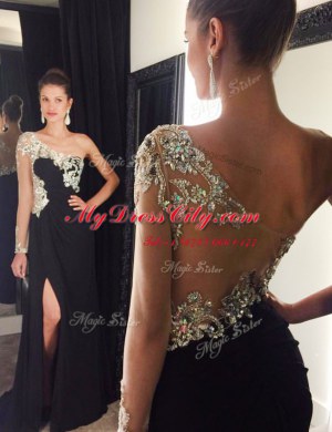 Mermaid One Shoulder Long Sleeves With Train Side Zipper Dress for Prom Black for Prom with Beading Sweep Train