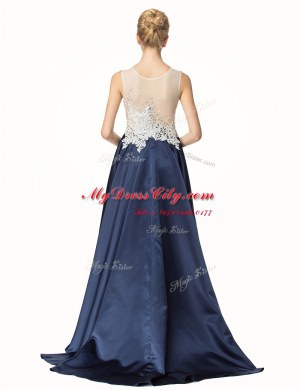 Decent Navy Blue Satin Side Zipper Prom Evening Gown Sleeveless Brush Train Beading and Lace