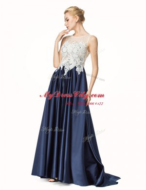 Decent Navy Blue Satin Side Zipper Prom Evening Gown Sleeveless Brush Train Beading and Lace