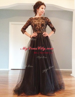 Free and Easy Floor Length Black Evening Dress Bateau 3 4 Length Sleeve Backless