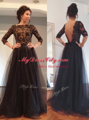 Free and Easy Floor Length Black Evening Dress Bateau 3 4 Length Sleeve Backless