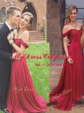 Off the Shoulder Sleeveless Floor Length Ruching Zipper Prom Party Dress with Burgundy