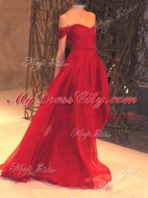 Off the Shoulder Sleeveless Floor Length Ruching Zipper Prom Party Dress with Burgundy