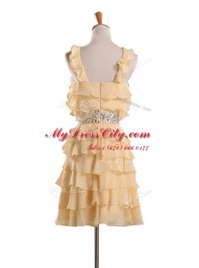 Gold Zipper Halter Top Beading and Ruffles Evening Dress Chiffon Sleeveless