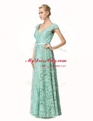 Adorable Pleated Turquoise Cap Sleeves Lace Zipper Prom Dress for Prom and Party