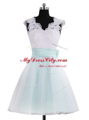 Decent Sleeveless Mini Length Lace and Sashes ribbons Zipper Prom Dresses with Blue And White