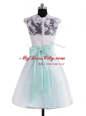 Decent Sleeveless Mini Length Lace and Sashes ribbons Zipper Prom Dresses with Blue And White