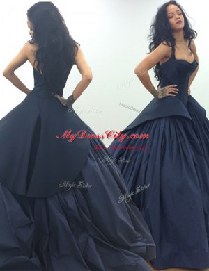 Ruching Navy Blue Zipper Sleeveless Floor Length