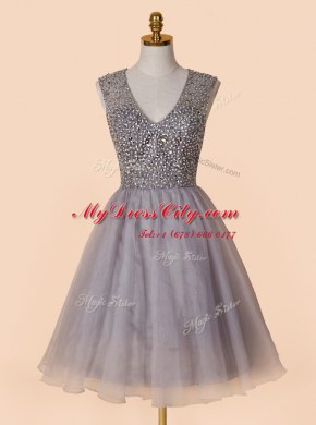 Enchanting Organza V-neck Sleeveless Zipper Sequins Prom Dress in Grey