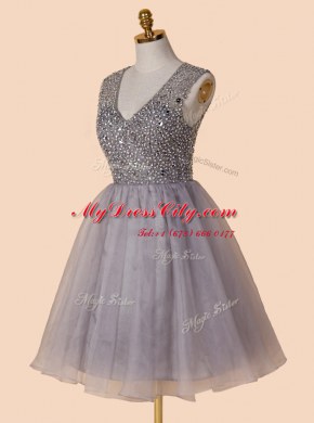 Enchanting Organza V-neck Sleeveless Zipper Sequins Prom Dress in Grey