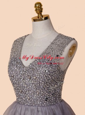 Enchanting Organza V-neck Sleeveless Zipper Sequins Prom Dress in Grey