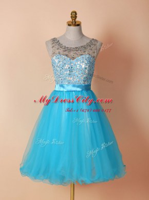 Scoop Sleeveless Evening Dress Knee Length Beading and Lace Blue Tulle