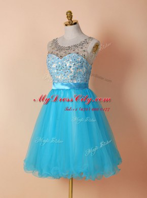 Scoop Sleeveless Evening Dress Knee Length Beading and Lace Blue Tulle