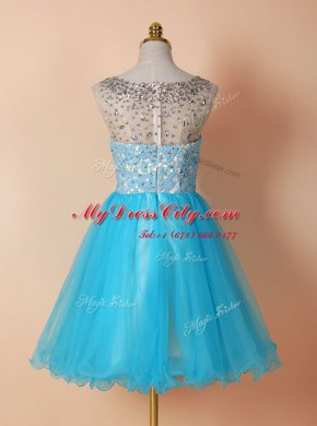 Scoop Sleeveless Evening Dress Knee Length Beading and Lace Blue Tulle