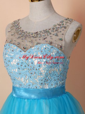 Scoop Sleeveless Evening Dress Knee Length Beading and Lace Blue Tulle