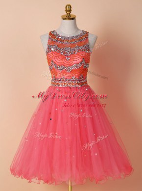 Scoop Watermelon Red Tulle Zipper Cocktail Dresses Sleeveless Knee Length Beading