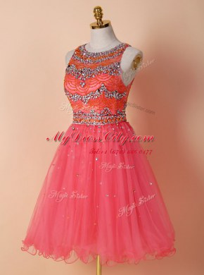 Scoop Watermelon Red Tulle Zipper Cocktail Dresses Sleeveless Knee Length Beading