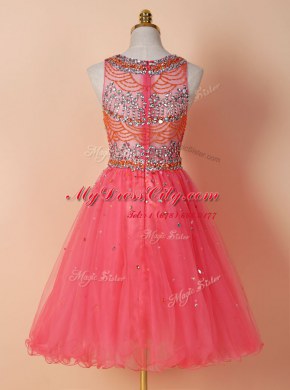 Scoop Watermelon Red Tulle Zipper Cocktail Dresses Sleeveless Knee Length Beading