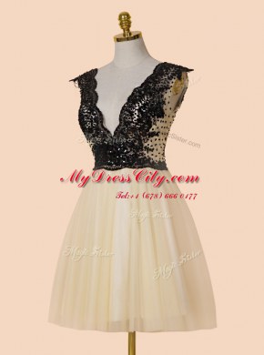 Champagne Cap Sleeves Knee Length Appliques and Sequins Zipper Prom Dress