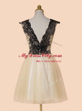 Champagne Cap Sleeves Knee Length Appliques and Sequins Zipper Prom Dress