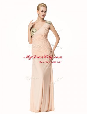 Hot Selling Mermaid One Shoulder Sleeveless Chiffon Floor Length Zipper Prom Dress in Peach with Beading and Ruching