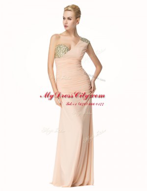 Hot Selling Mermaid One Shoulder Sleeveless Chiffon Floor Length Zipper Prom Dress in Peach with Beading and Ruching