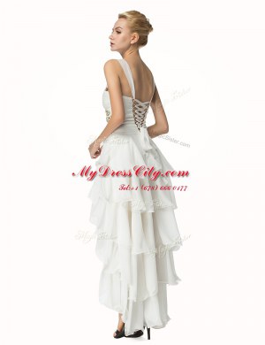 High Low White Homecoming Dresses Organza Sleeveless Beading