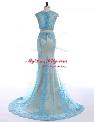 Most Popular Mermaid V-neck Sleeveless Prom Dress With Brush Train Lace Blue Tulle