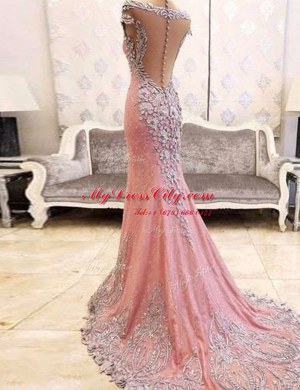 Luxurious Watteau Train Mermaid Prom Dresses Rose Pink Sweetheart Satin Cap Sleeves With Train Clasp Handle