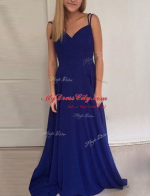 Delicate Scoop Royal Blue Chiffon Backless Prom Gown Sleeveless Brush Train Ruching