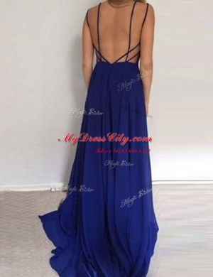 Delicate Scoop Royal Blue Chiffon Backless Prom Gown Sleeveless Brush Train Ruching