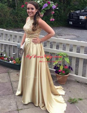 Nice Gold Zipper Homecoming Dress Sequins Sleeveless Brush Train