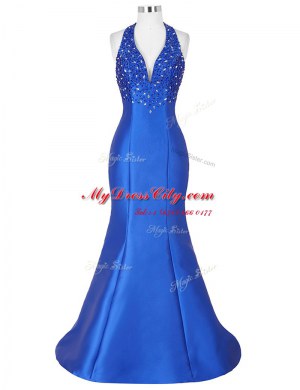 Mermaid Royal Blue Satin Lace Up Halter Top Sleeveless Floor Length Homecoming Dress Beading