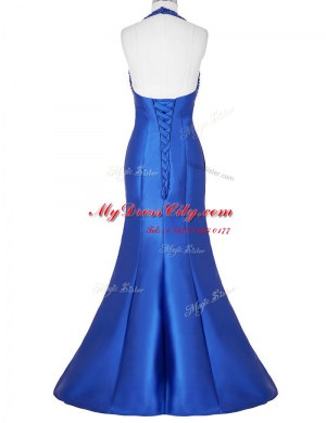 Mermaid Royal Blue Satin Lace Up Halter Top Sleeveless Floor Length Homecoming Dress Beading