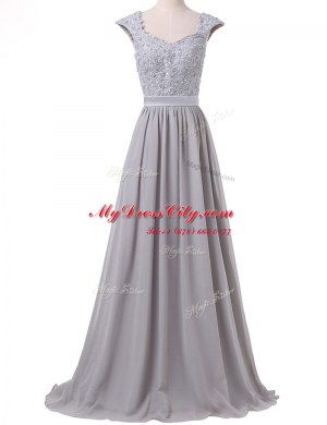 Cute Pleated Scoop Cap Sleeves Lace Up Prom Dress Grey Chiffon