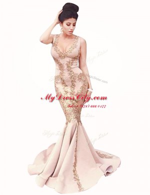 Spectacular Brush Train Mermaid Homecoming Dress Peach Scoop Satin Sleeveless With Train Zipper