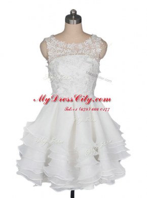 White A-line Scoop Sleeveless Organza Knee Length Zipper Appliques and Ruching Prom Evening Gown