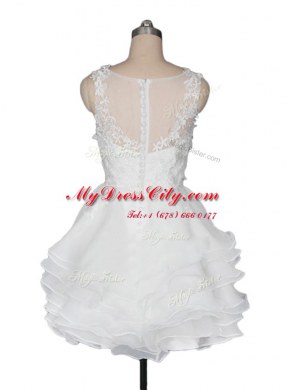 White A-line Scoop Sleeveless Organza Knee Length Zipper Appliques and Ruching Prom Evening Gown