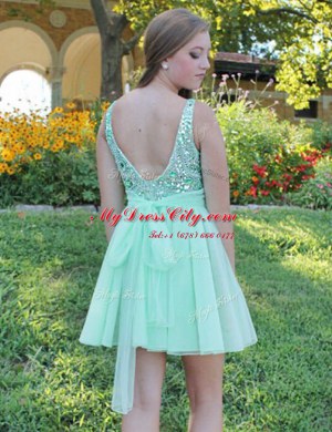 Apple Green Chiffon Backless Prom Dresses Sleeveless Mini Length Beading and Bowknot