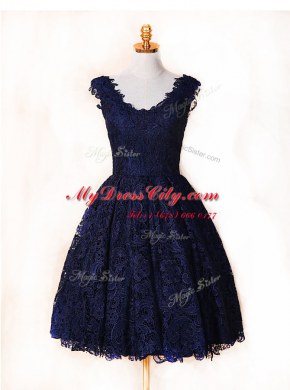 Blue and Navy Blue Prom Dresses Prom and For with Lace V-neck Sleeveless Zipper