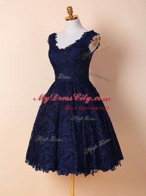 Blue and Navy Blue Prom Dresses Prom and For with Lace V-neck Sleeveless Zipper