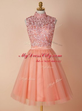 Peach A-line Organza High-neck Sleeveless Appliques Knee Length Backless Evening Dress