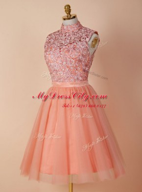 Peach A-line Organza High-neck Sleeveless Appliques Knee Length Backless Evening Dress