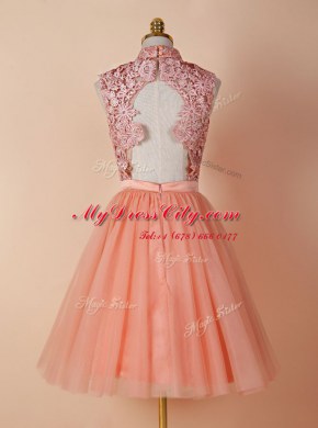 Peach A-line Organza High-neck Sleeveless Appliques Knee Length Backless Evening Dress