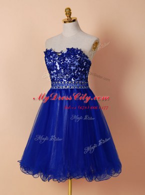 Sleeveless Tulle Knee Length Zipper Party Dresses in Royal Blue with Beading and Appliques