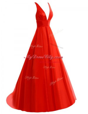 Stylish V-neck Sleeveless Brush Train Pleated Coral Red Organza