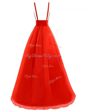 Stylish V-neck Sleeveless Brush Train Pleated Coral Red Organza