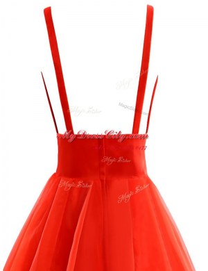 Stylish V-neck Sleeveless Brush Train Pleated Coral Red Organza