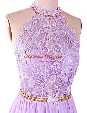 Lavender Backless Homecoming Dress Lace Sleeveless With Brush Train